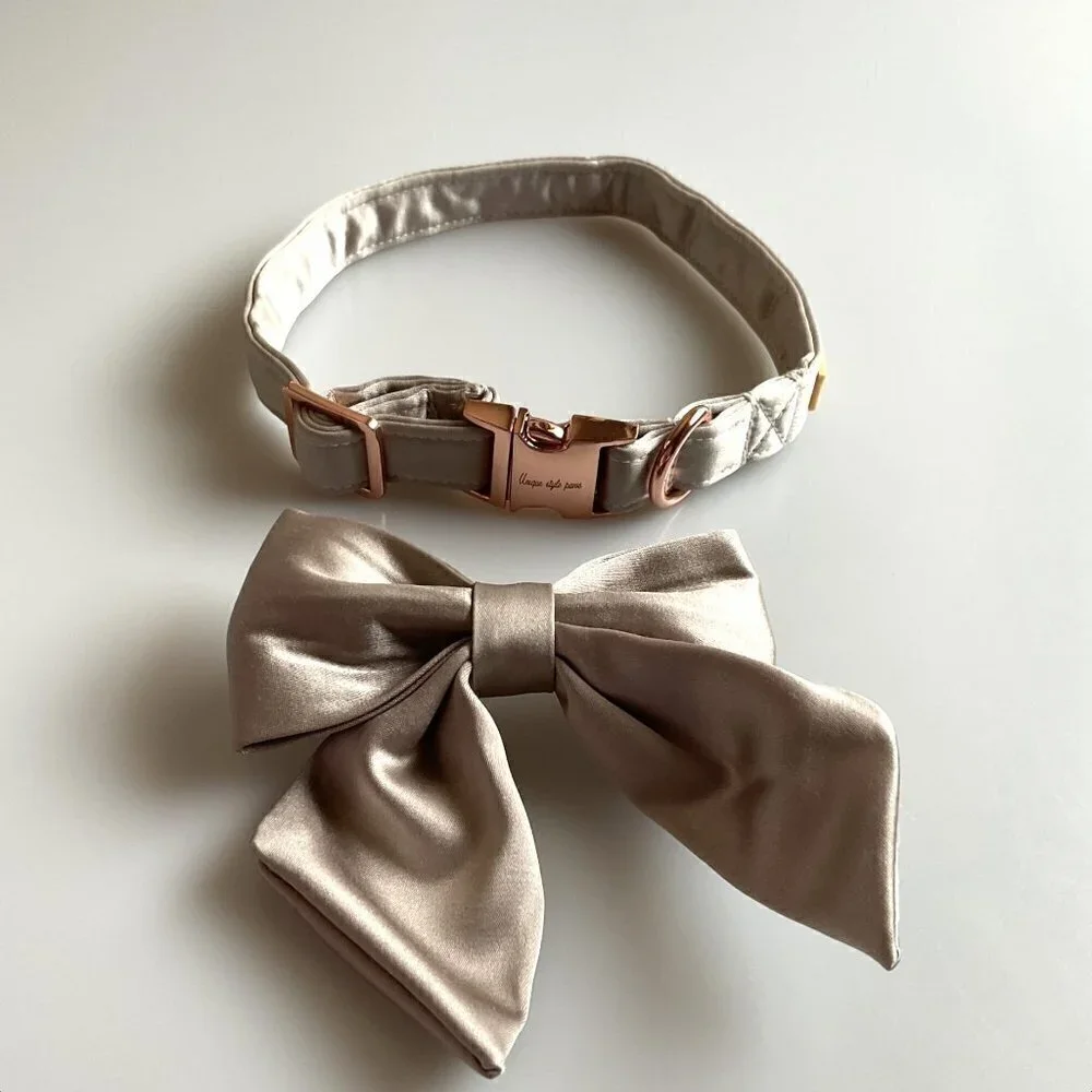 NEW CAMPAGNE SILK BOW DOG COLLAR UNISEX